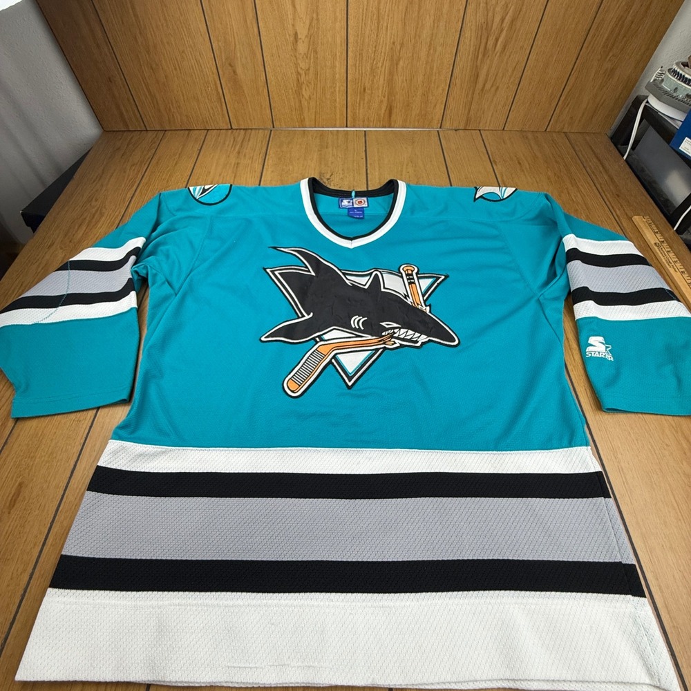 Vintage Starter NHL San Jose Sharks Hockey Jersey Teal Mens Large 90s Mesh